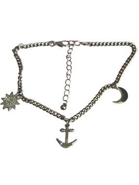 Silver Tone Charm Anklet Sun Moon Anchor Adj 11.75" Chain Link 7.99g NWOT